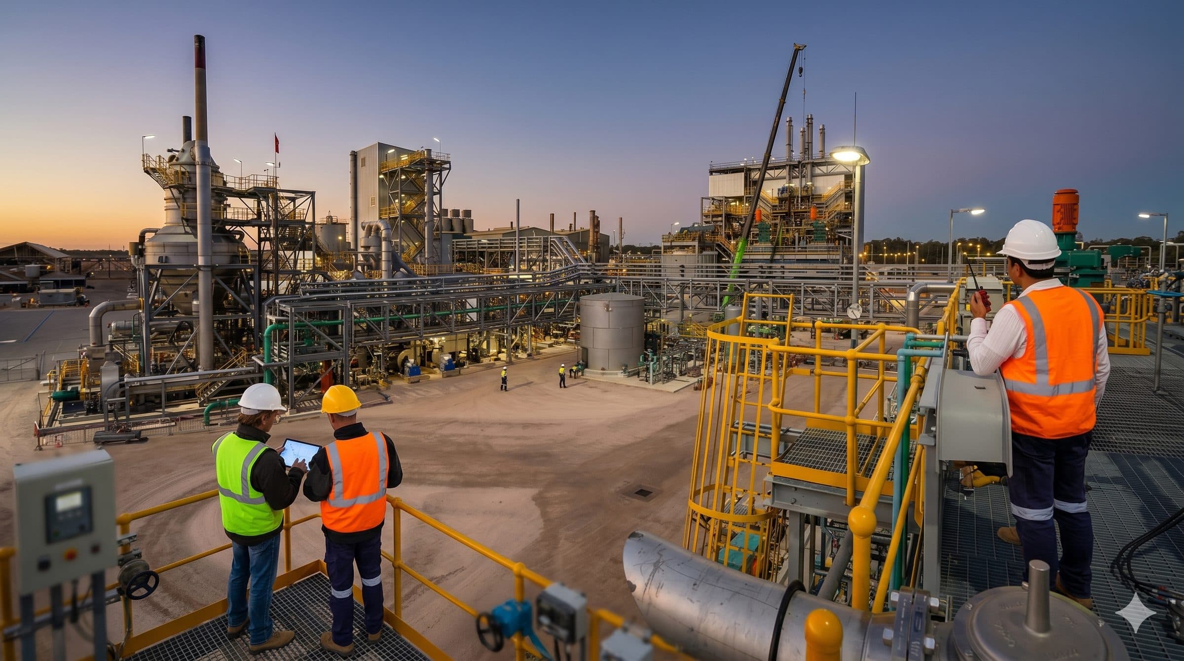 Engineers in safety vests overlooking a large-scale process plant construction site at dusk