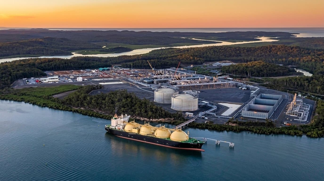 Aerial view of an LNG liquefaction terminal with process units and storage tanks