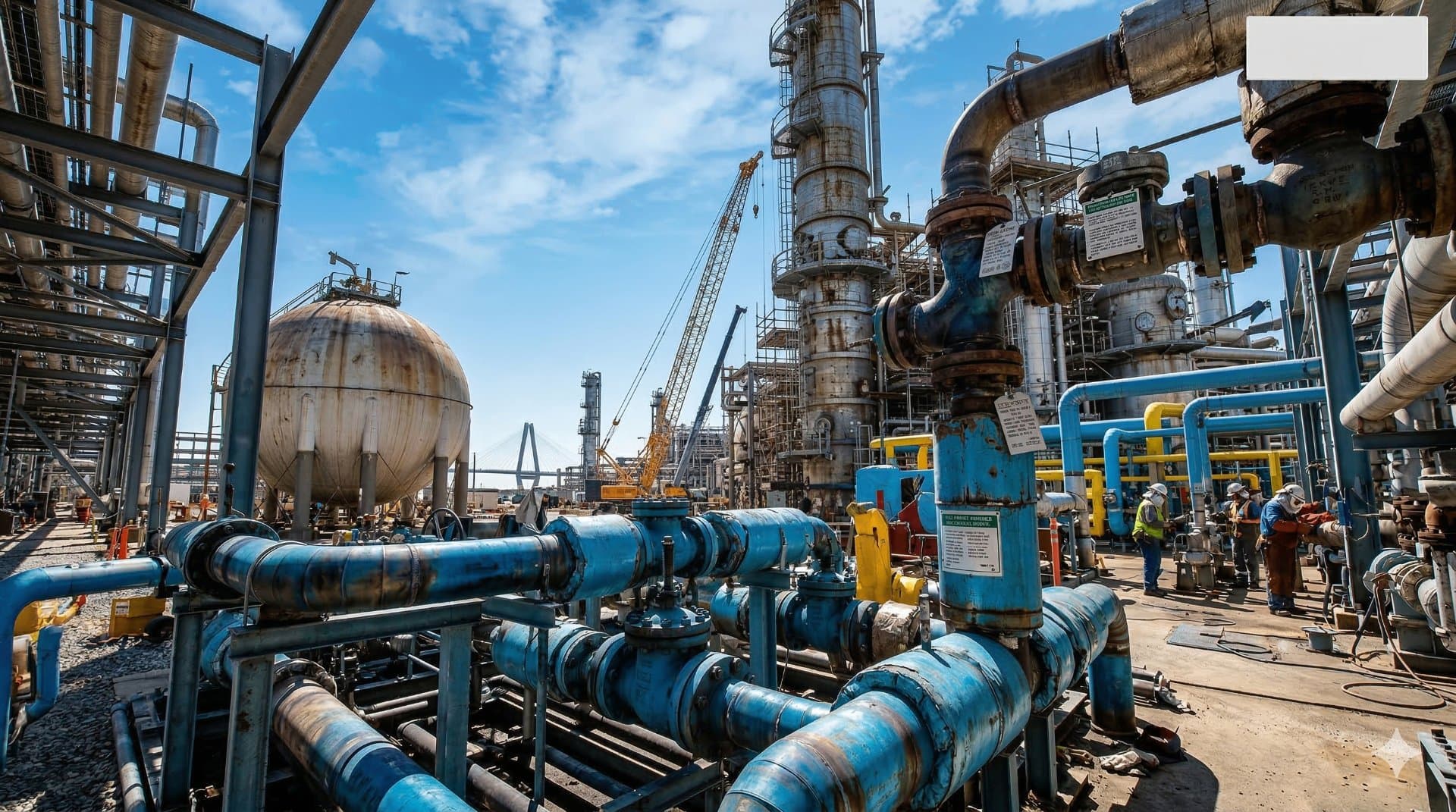 Oil and gas refinery process units with instrument cable tray and field instrumentation visible on pipe racks