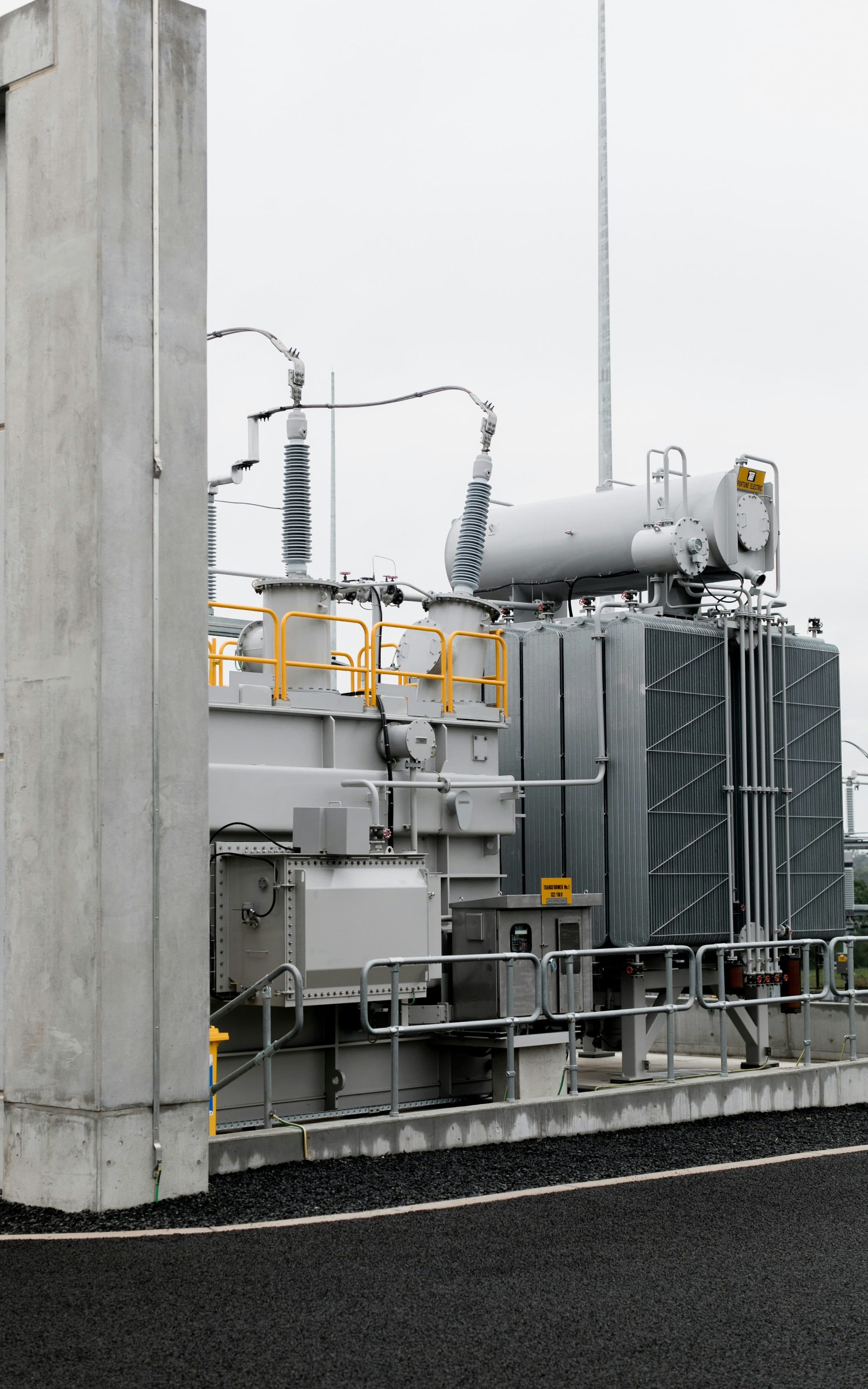 Electrical transformers and substation equipment at a power generation facility
