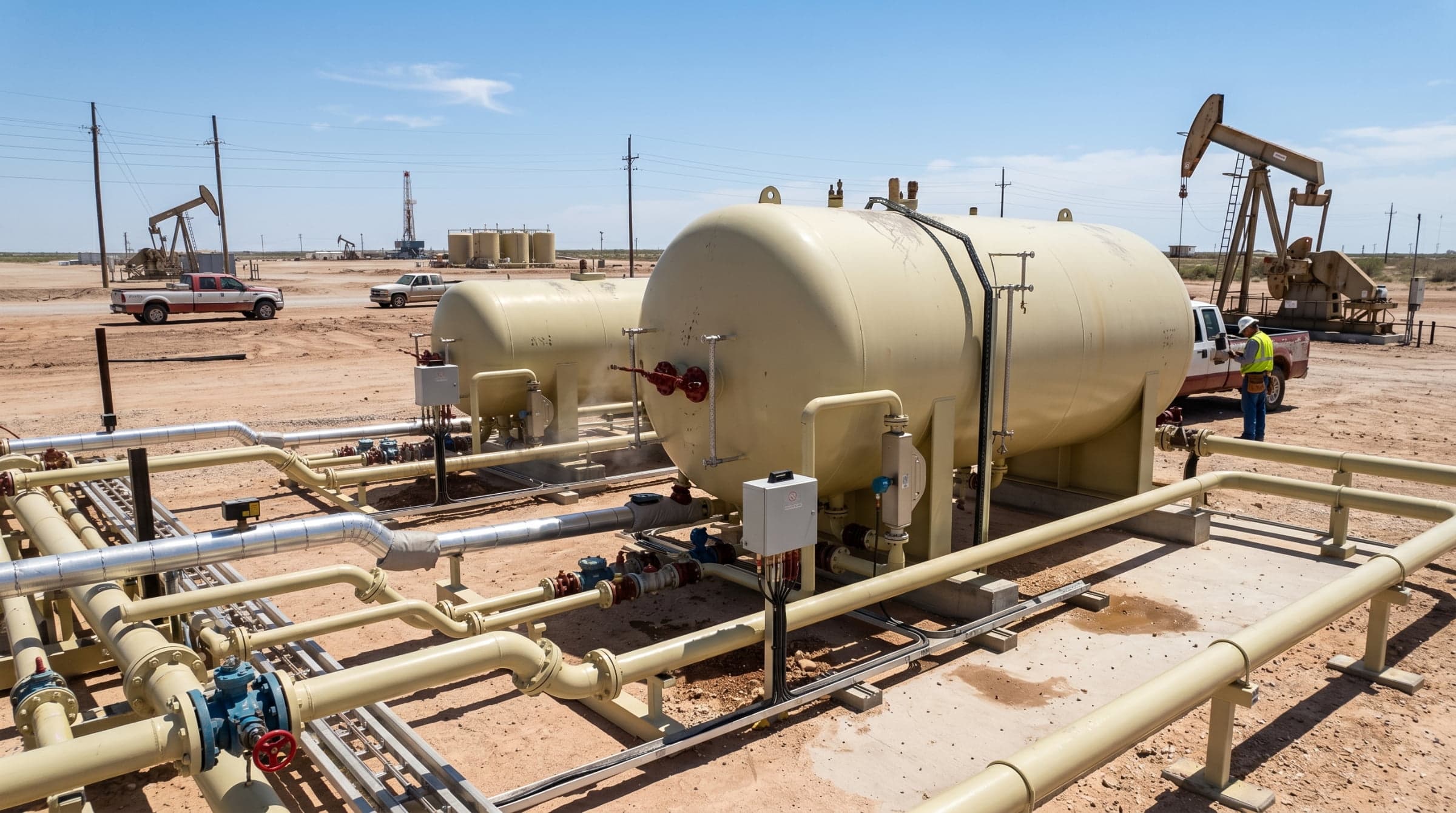Process vessels with instrumentation, tubing, and junction boxes at a midstream facility