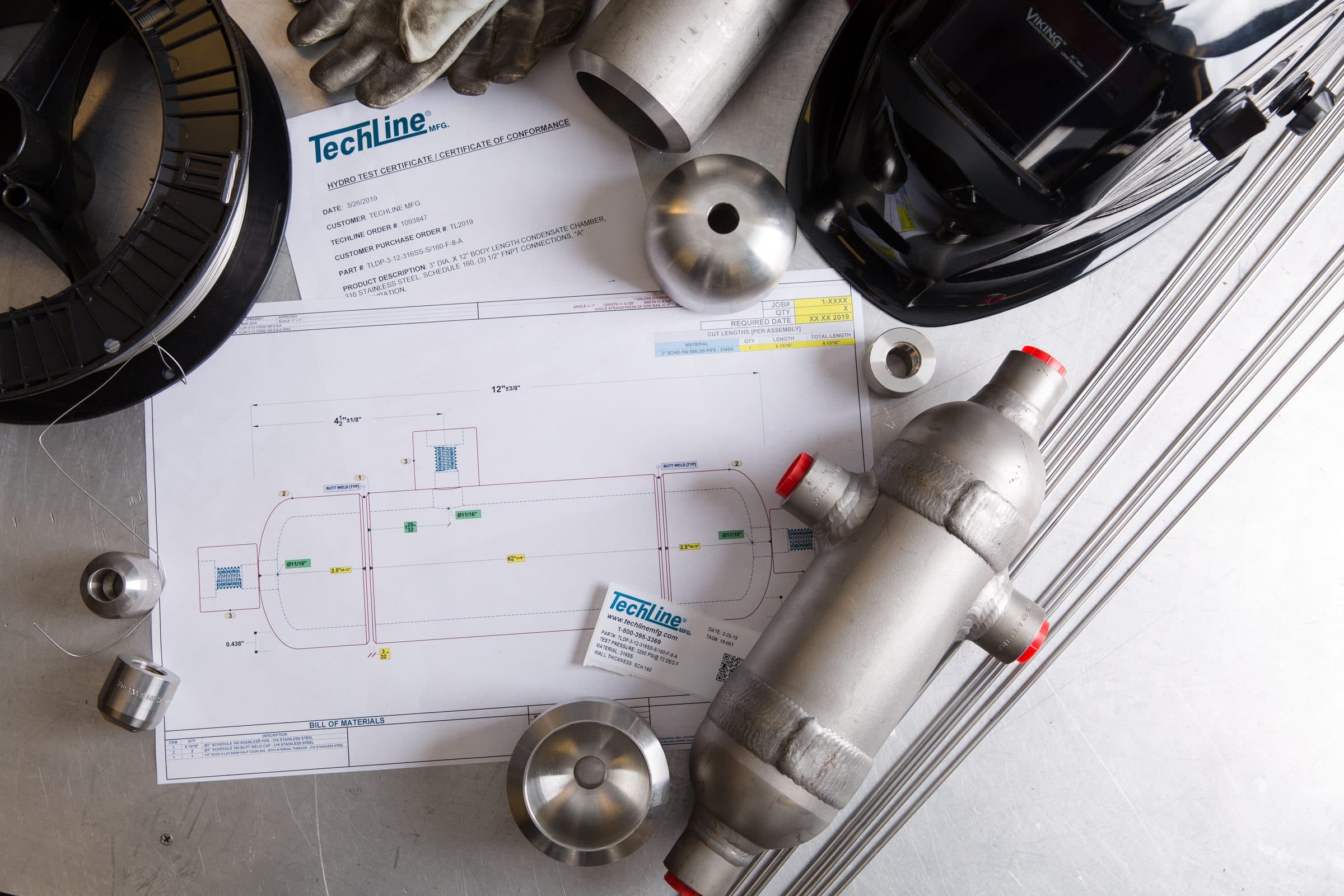 TechLine engineering drawing with condensate chamber components and welding equipment